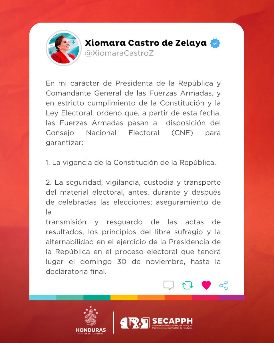 SECAPPH's tweet image. #SecapphInforma | 💬🇭🇳 La Presidenta @XiomaraCastroZ, en su condición de Comandante General de las Fuerzas Armadas, instruye poner a disposición del Consejo Nacional Electoral (CNE) a las Fuerzas Armadas, para garantizar la seguridad, la transparencia y el respeto a la voluntad…