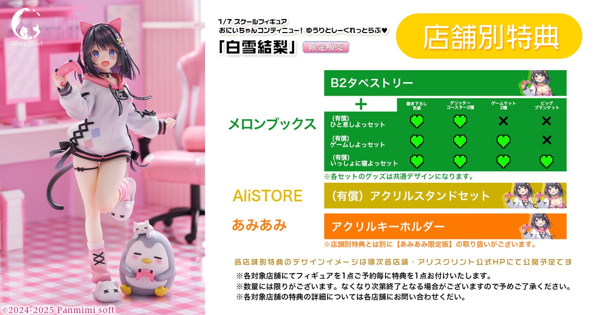 【店舗別特典について】
結梨さんフィギュアの『店舗さま別特典』のご案内です！
ぱん先生（<a href="/panno_mimi/">ぱん🍞ファンミ＆フィギュア予約ちゅう✧</a>）によるフィギュア用の描き下ろしイラストをデザインした、可愛すぎる結梨さんのグッズをお付けしています🧡

詳しくは商品ページをチェックです🐰
aliceglint.com/figure/fig_yur…

#おにコン