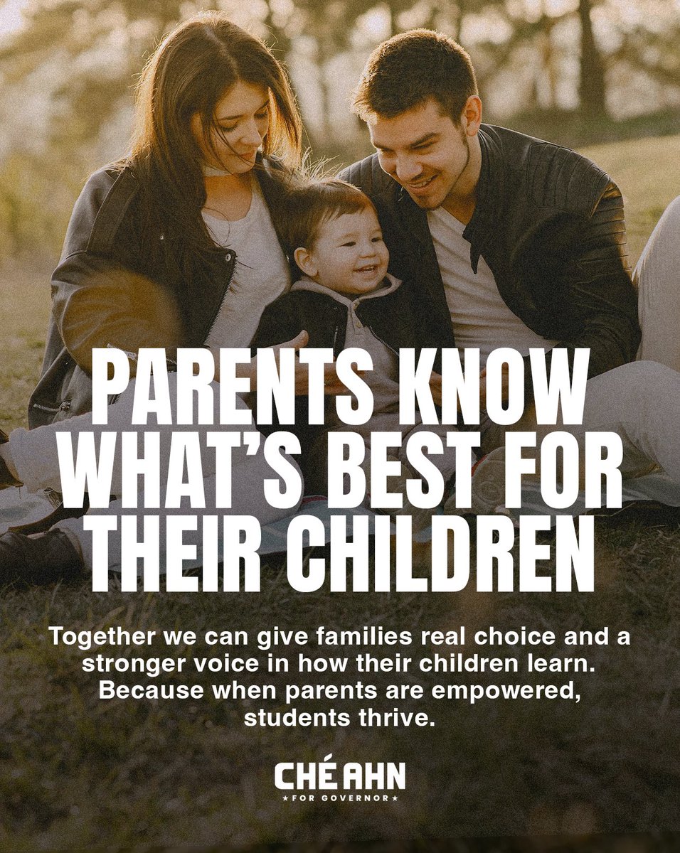 che_ahn's tweet photo. Parents know what’s best for their children.
When families have a voice in education, students thrive.
It’s time to strengthen families and put kids first.
#FamilyFirst #Education #CheAhn https://t.co/ViVLQyZBvh