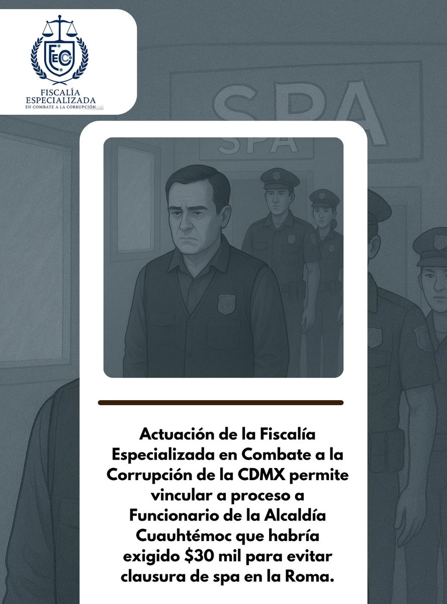 FECCCDMX's tweet image. 🚨Funcionario de la Alcaldía Cuauhtémoc habría exigido $30 mil a un spa en la Roma para evitar su clausura. Fue detenido tras la denuncia y vinculado por extorsión agravada con prisión preventiva. La FECC refrenda su compromiso para combatir la corrupción. #FiscalíaAnticorrupción