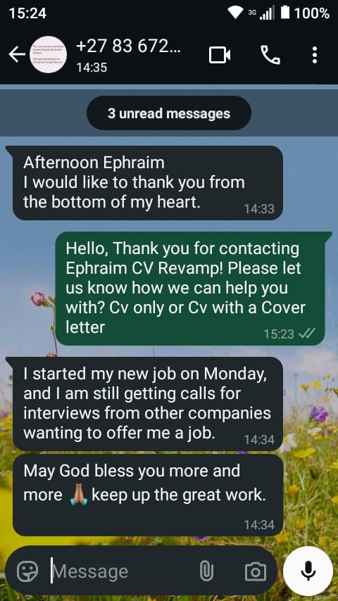 Revamp your CV to attract recruiters
Only R25 for the unemployed and R50 for the employed. CV + Cover letter R90

Dm, call or WhatsApp: 073 330 8330

Witness C Matlala #JobSeekersSA