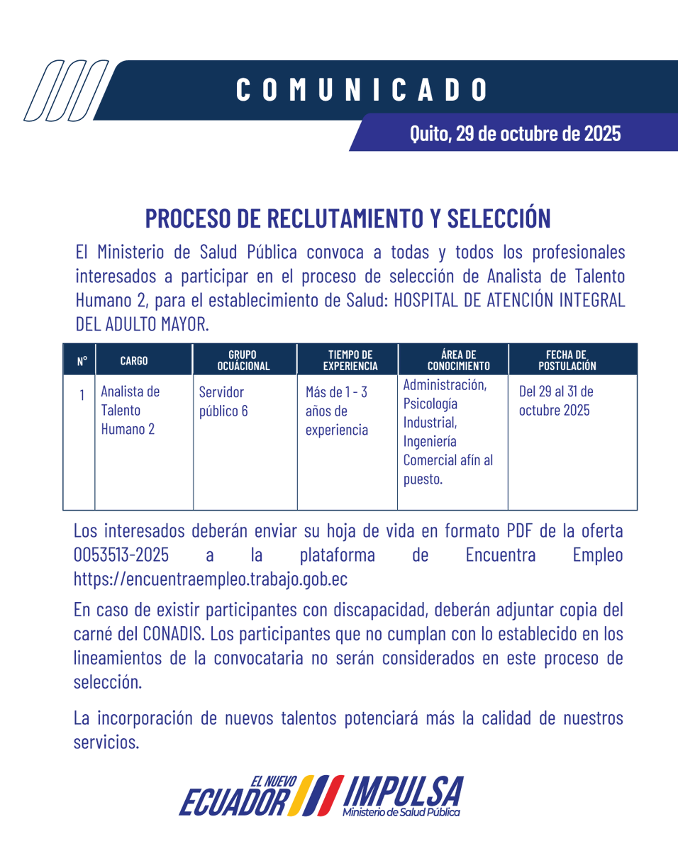 HospAdultoMayor's tweet photo. 📢 El Hospital de Atención Integral del Adulto Mayor abre convocatoria para Analista de Talento Humano 2. Las postulaciones se realizan únicamente a través de la plataforma oficial de empleo del Estado: 👉 https://t.co/tQ9DvHiyHO
Invitamos a la ciudadanía a participar. https://t.co/9A0bJhectR