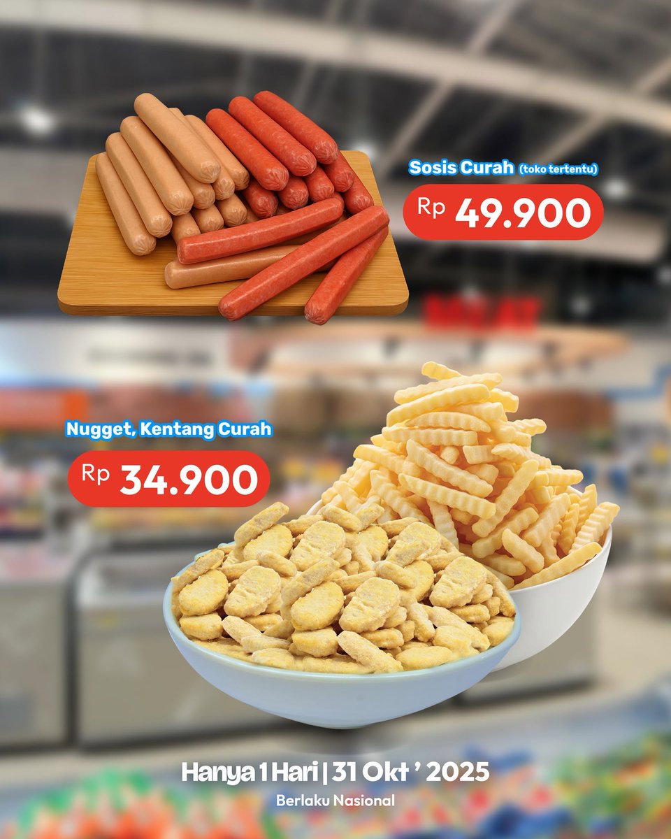 katalogpromosi's tweet image. Freezer kamu kosong? Saatnya isi lagi! 🧊
Ambil nugget, kentang, &amp;amp; sosis curah sepuasnya cuma 1 hari di HYPERMART 💛

Bayarnya tetap hemat, isiannya puas banget!
Jangan tunggu besoksoalnya cuma hari ini aja 😎👉 katalogpromosi.com/promo-hypermar…
#Hypermart #PromoHemat #IsiSepuasnya