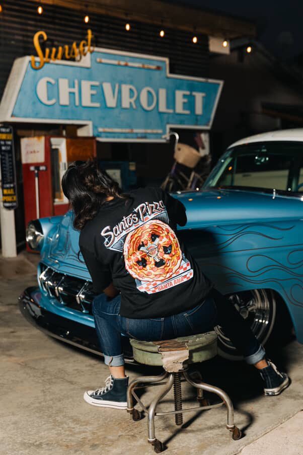 ‘Super Santos’ tee for Santos Pizza in Santa Ana. Drops 11.5 at the pizza shop only.