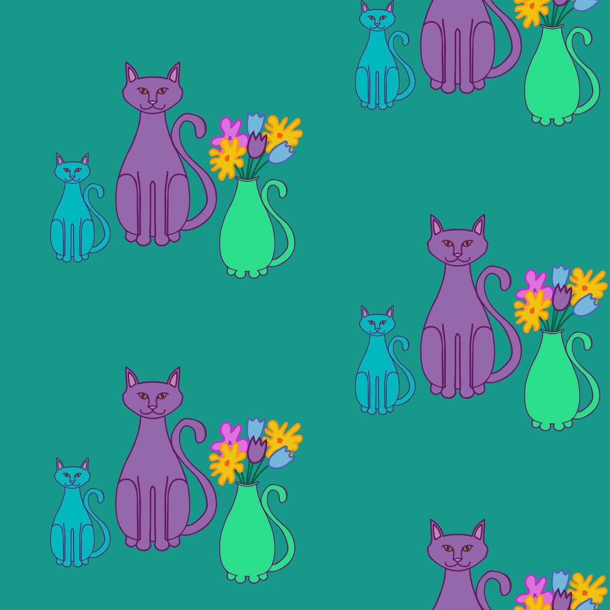 SaraGansArt's tweet image. Retro Flower Cat #pattern #patterndesign #surfacepatterndesign 💙💚💜💛🩷