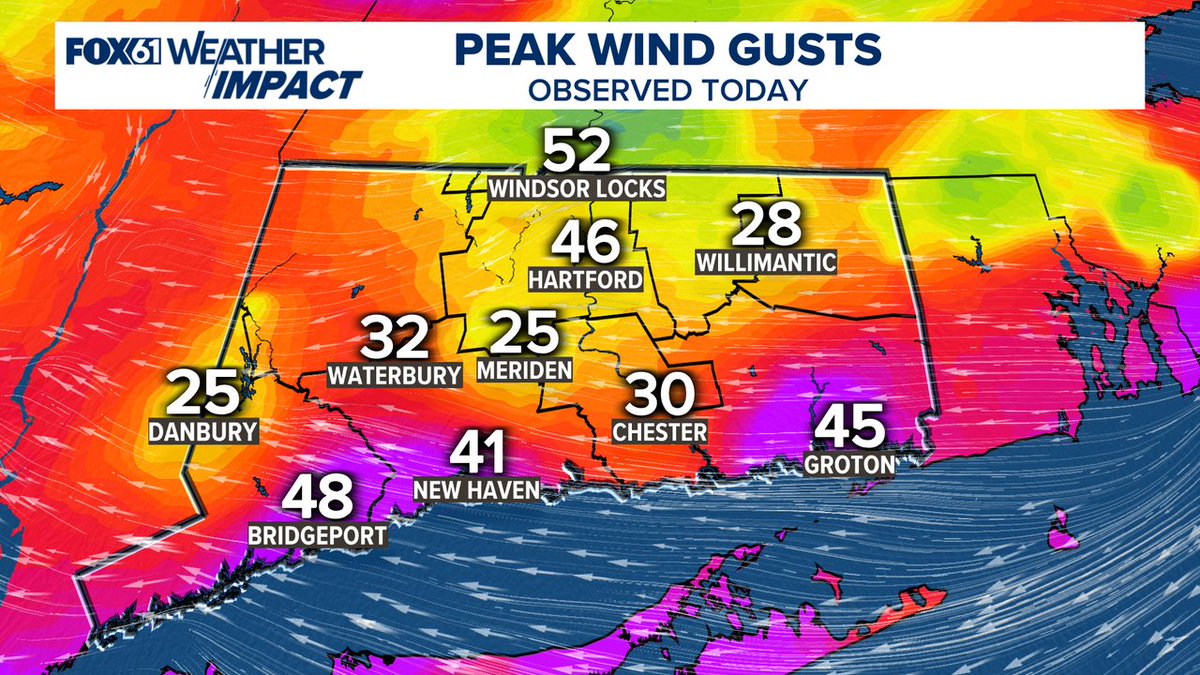 RachelFrank_CT's tweet image. Some big gusts happened in the last hour in Hartford (46 mph) and Windsor Locks (52 mph)! These are top gusts today statewide. #fox61