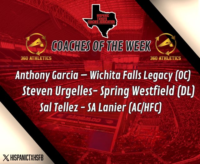 🏈 <a href="/360Athletics/">360Athletics</a> COTW - Week 9🏈

As the regular season winds down, these coaches continue to lead with focus, grit, and passion! 💪

🔥 <a href="/sal_tellez/">Sal Tellez</a> – SA Lanier (AC/HFC)
🔥 <a href="/coach_u87/">Coach Urgelles</a> – Spring Westfield (DL)
🔥 Anthony Garcia – Wichita Falls Legacy (OC)

#HTXHSFBCA | #LaFamilia