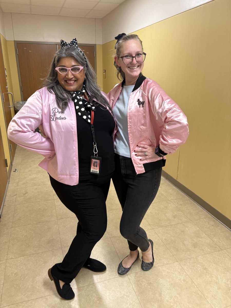Walking back from outclass &amp; I hear “hey twin!!” 
So… Of course I took a picture with my assistant principal on 50’s Day as 5th grade walked past us 🤪 
<a href="/ASE_Dalmatians/">Sullivan Elementary</a> #fbisd