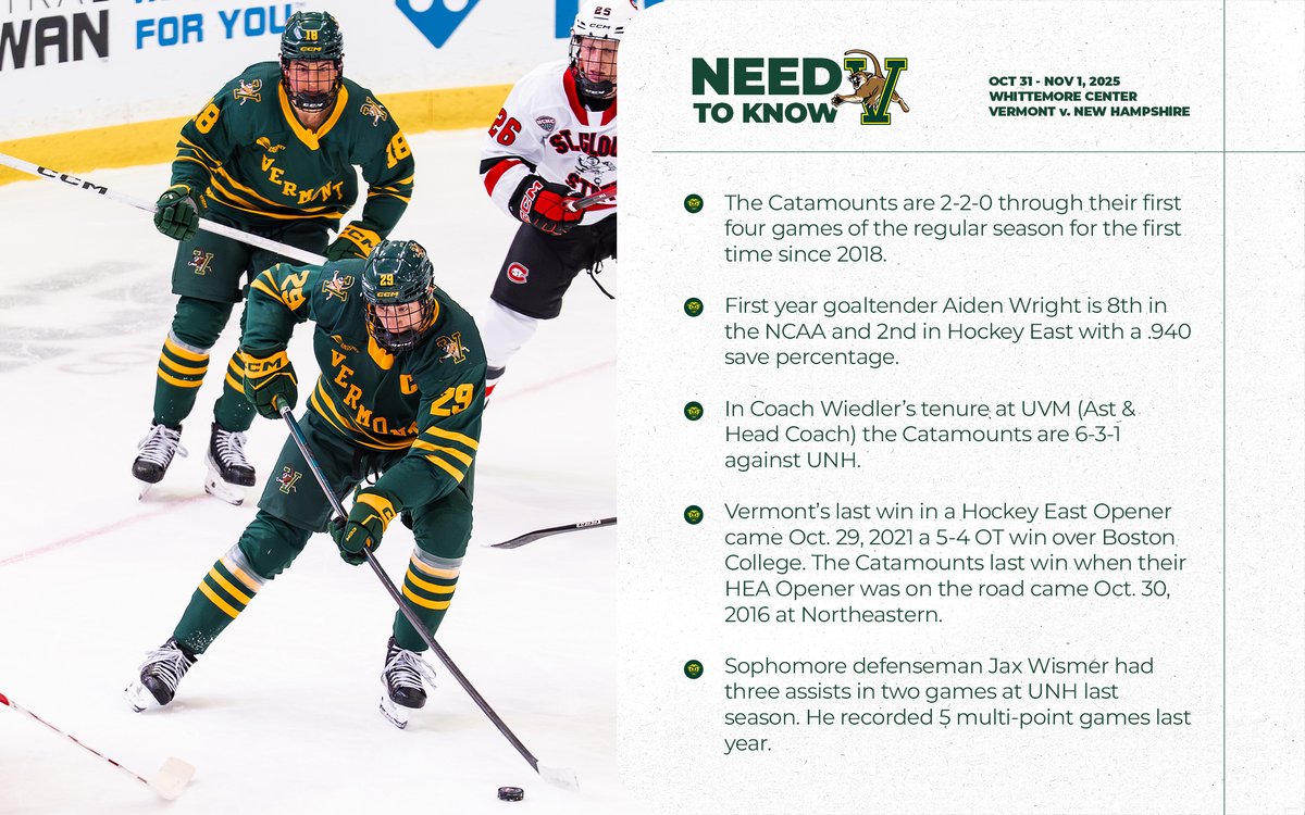 𝐍𝐄𝐄𝐃 𝐓𝐎 𝐊𝐍𝐎𝐖 ➡️ Catamounts open <a href="/hockey_east/">Hockey East</a> play at UNH this weekend. Catch all the action on <a href="/ESPNPlus/">ESPN+</a>.
#802Hockey