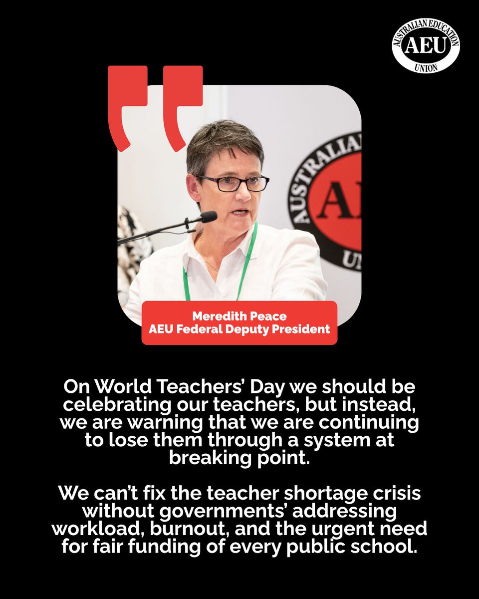 AEUfederal's tweet image. Teachers are exhausted, overstretched and leaving the profession faster than we can replace them.

This #WorldTeachersDay we need more than just platitudes from our political leaders.  Governments must urgently act on a national plan to attract and retain teachers.
