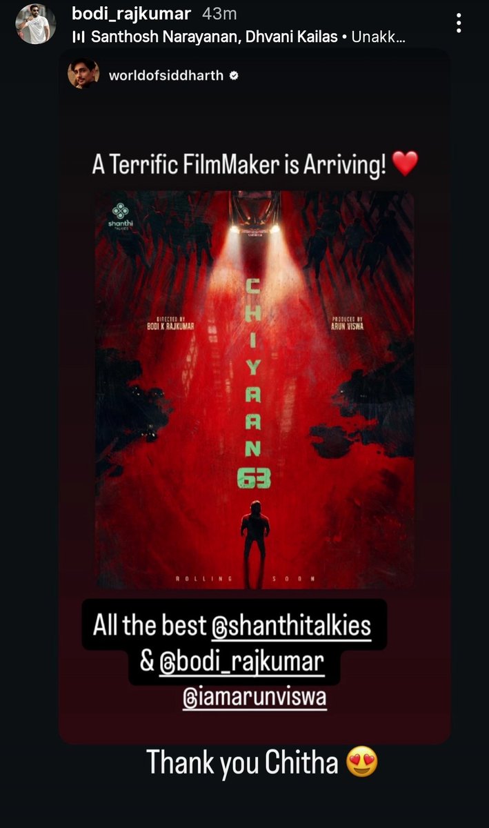 chiyaan_Vikram6's tweet image. Actor #Siddharth lauds #BodiRajkumar , the debut director of #Chiyaan63 - A TERRIFIC FILMMAKER IS ARRIVING 🔥🔥🔥