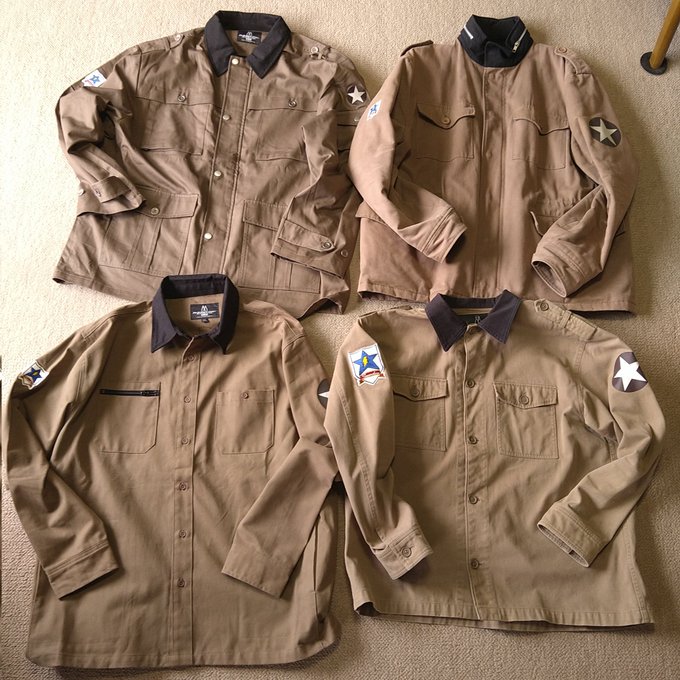 AnotherAngleの「ガルパン最終章ジャケット」弾着〜ヽ(='▽`=)ノ 注文するのを忘れてないか心配だったけど無事に到着。ヒヤッホォオオオウ! 相変わらず最高だぜぇ〜! 歴代(半袖&ウインドブレーカー除く)の集合写真は左上が今回のやつ。肩ポケット助かる〜。#ガルパンミリジャケ 