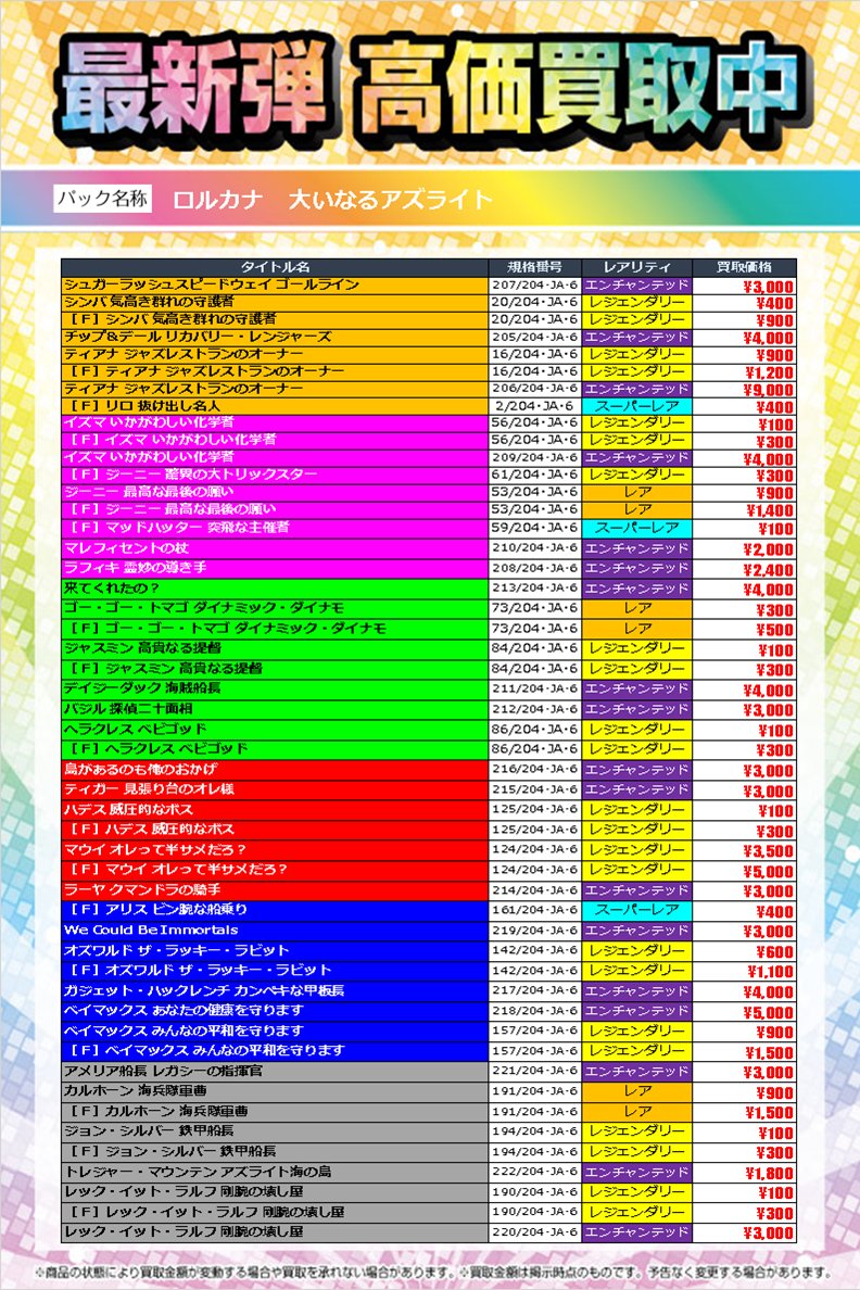 エディオン横浜西口本店 
6階 #トレカキャピタル  です 
      
本日発売　#ディズニーロルカナ 
『大いなるアズライト』   
 
11時30分時点の買取情報です！！        
皆様のお持ち込み、お待ちしております(⁠人⁠ ⁠•͈⁠ᴗ⁠•͈⁠)      
#ロルカナ