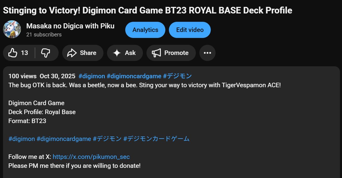 pikumon_sec's tweet photo. Guys, we hit over 100 views finally! If you haven't checked it out, please do!
RTs appreciated! #RoyalBase
再生数100+ありがとうございます💕
まだ見ない方はぜひ要チェック!
#拡散希望
#デジモンカードゲーム
#デジカ
#デジモン
#Digimon #DigimonCardGame https://t.co/dNj6cLbTDE