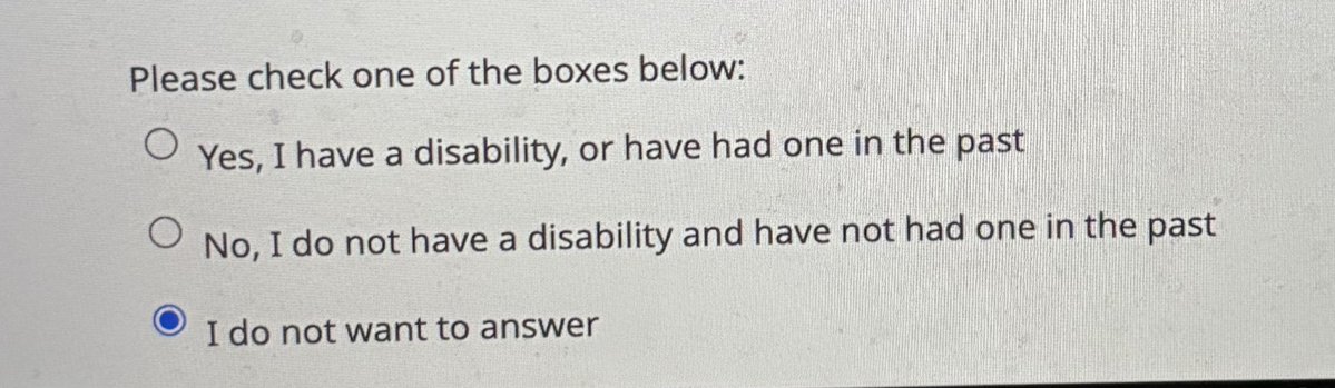 CHRISF0GLE's tweet image. These questions always feel like a trap. Like will it hurt my chances if I say yes bc it’ll make me seem like I can’t do the job? Will it hurt my chances if I lie and say no bc it’ll damage their diversity quota? Will it hurt my chances if I don’t answer bc I’ll seem cagey?
