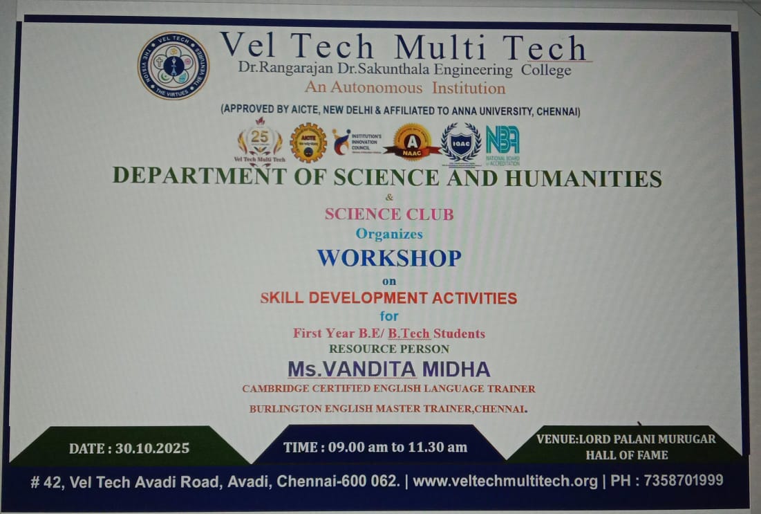VelMultitech99's tweet image. The Dept. of Science &amp;amp; Humanities, in collaboration with the Science Club, organized a workshop on“Skill Development Activities” for I-year ECE students on 30.10.2025.
Facilitator: Ms. Vanditha Midha, Cambridge Certified Trainer.
A session on communication, teamwork &amp;amp; confidence!