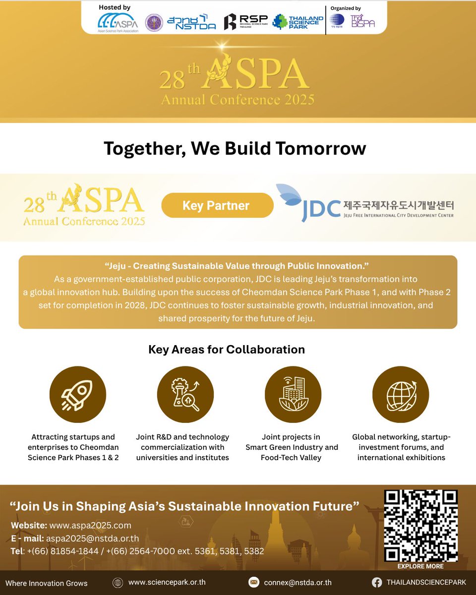 nstdathailand's tweet photo. π Together, We Build Tomorrow - Jeju Free International City Development Center (JDC)
At ASPA 2025, collaboration is at the heart of everything we do.
πLearn more : https://t.co/dOixh8JR2j
πRegister : https://t.co/2RgD8PxCvk
#ASPA2025 #InnovationLeadership #ESG #ScienceParks https://t.co/qJw8Vg1FUL