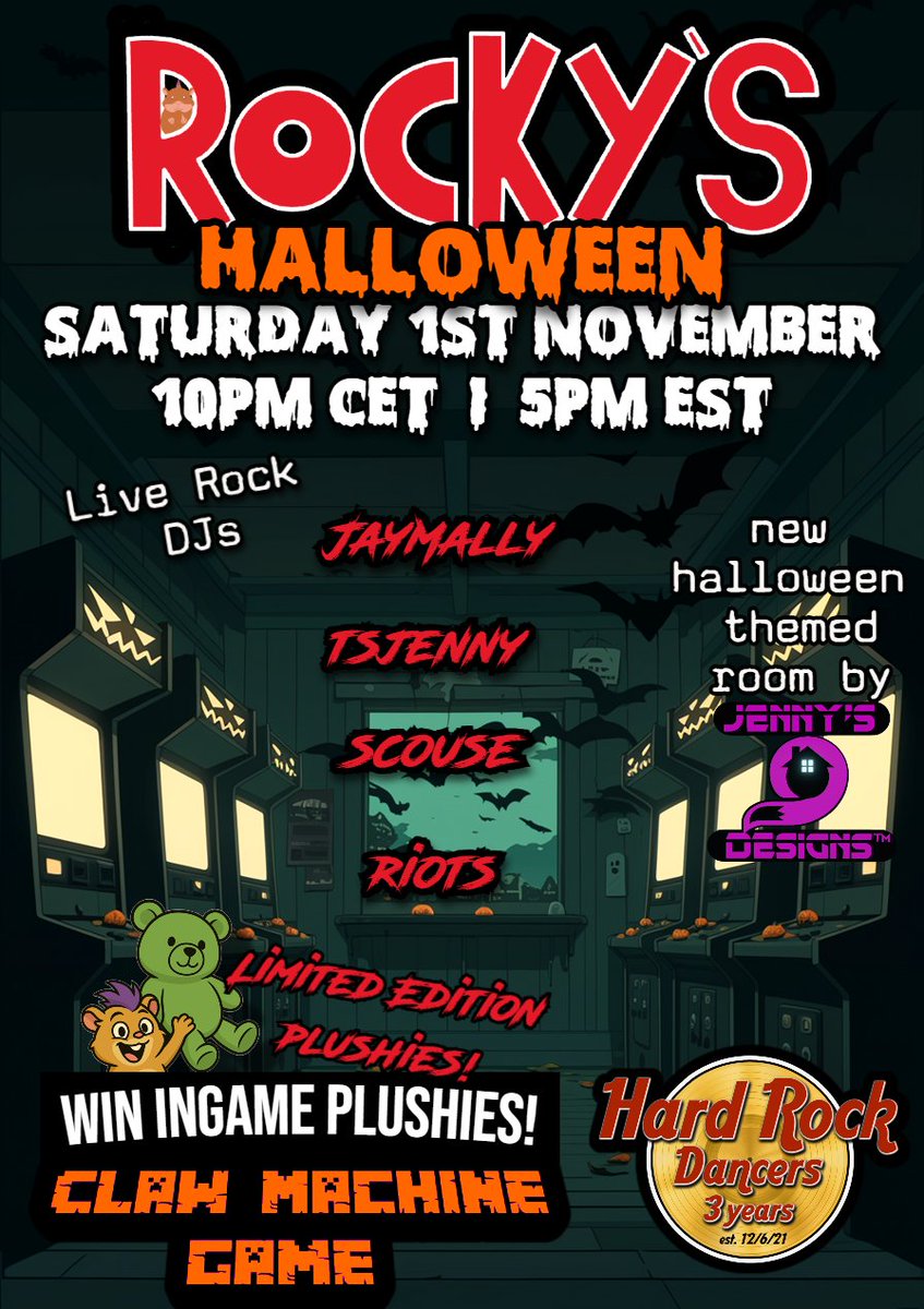 RockyArcade's tweet photo. New Spooky Halloween Room! New Limited Edition  ingame Plushies to won! with a greatr line up of DJs #3dxchatgame #blamerocky https://t.co/MrIs0zNxH7