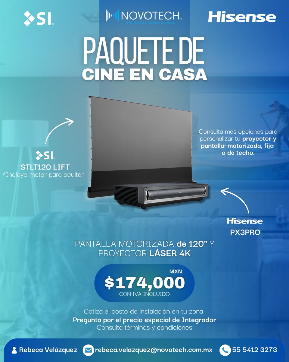 NovotechMX's tweet photo. 🍿 Vive una experiencia premium de cine en casa

Pantalla motorizada @SIScreens  de 120” + proyector láser 4K @Hisense_Mexico PX3PRO.

✨ Precio especial por tiempo limitado
📞 55 5412 3273 https://t.co/GDJvNXX6Sc 
📧 rebeca.velazquez@novotech.com.mx

#CineEnCasa #Hisense #screen https://t.co/cB4uO1BMc1