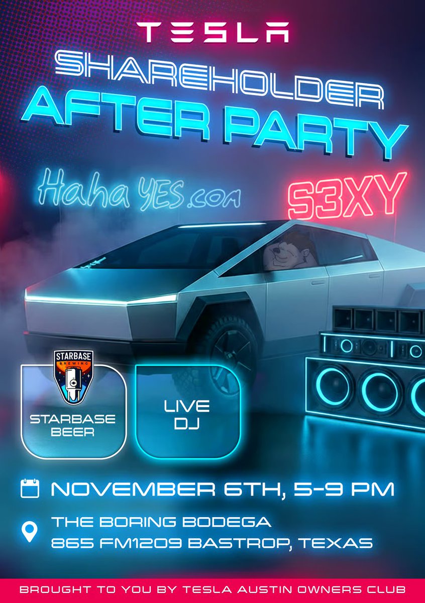 TOCEventsOrg's tweet image. Tesla Shareholder After Party hosted by @AustinTeslaClub has been added to TOCEvents.org! Come celebrate Tesla&apos;s success with the best community around! LET&apos;S GOOOOOOO!