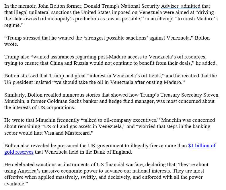 EHuisache's tweet photo. @QuasLacrimas Right, the US began its covert operations under Bush through Trump. The US directly is responsible for the destruction of the Venezuelan economy. John Bolton, Trumps NSA advisor, brags about this fact. https://t.co/qFsuAMgNJM
