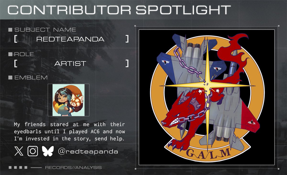 ▫️▫️▫️ CONTRIBUTOR SPOTLIGHT 08 -- <a href="/redteapanda/">Berns 🔜 AX Chibi</a>
 
Redteapanda played AC6 after her friends stared at her with their eyedbarls and then she got invested in the story, send help. 

Stay tuned for more zine updates! #armoredcore #armoredcoreVI #ac6
