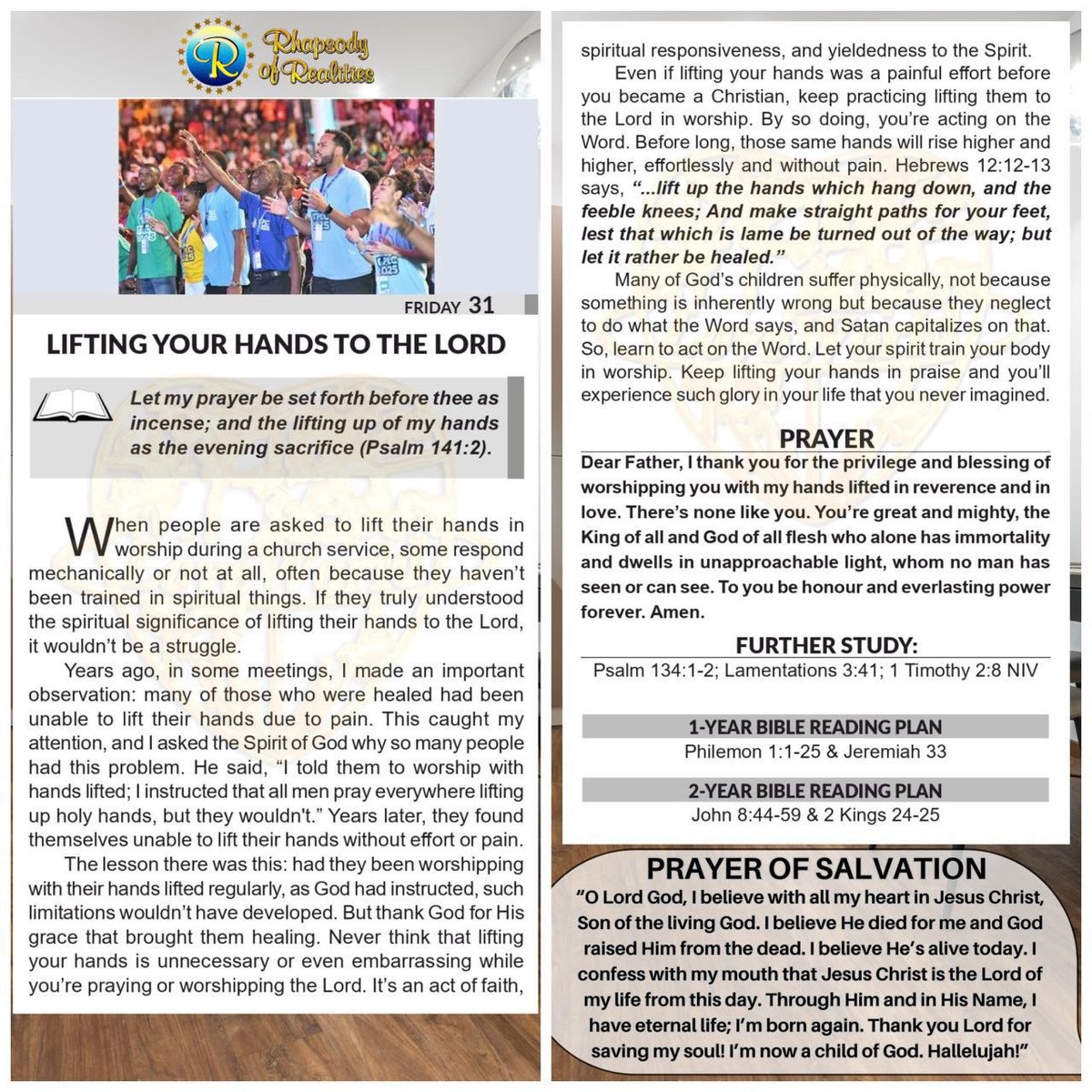 LIFTING YOUR HANDS TO THE LORD

_Let my prayer be set forth before thee as incense; and the lifting up of my hands as the evening sacrifice_ *(Psalm 141:2)*

When people are asked to lift their hands in worship during a church service, some respond mechanically or not at all,