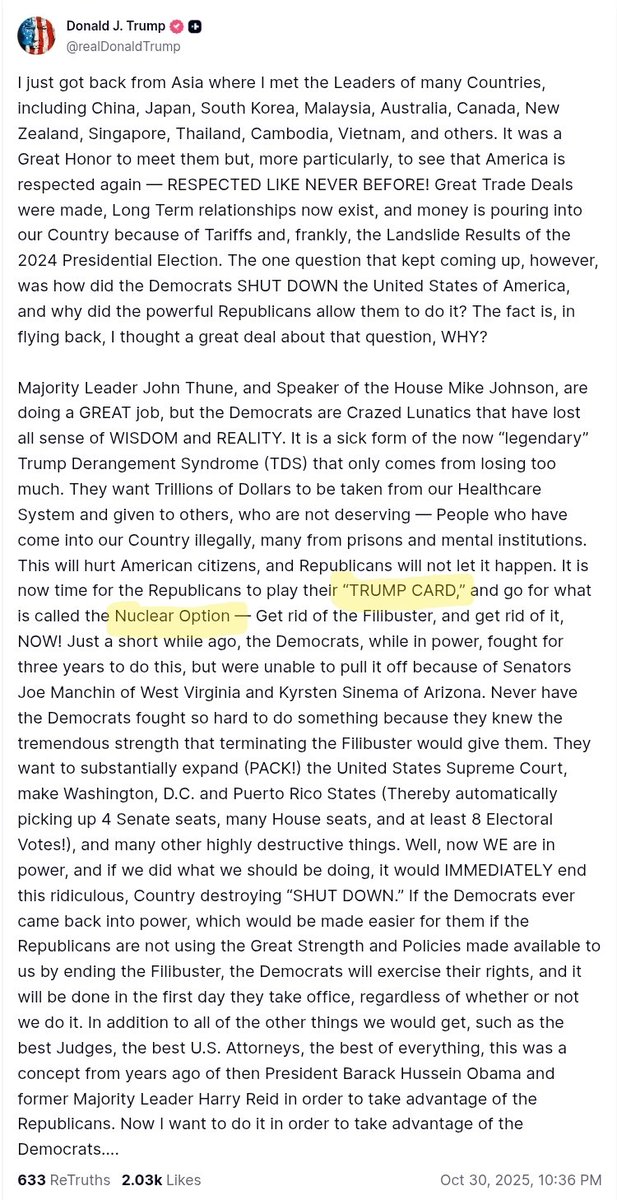 🔥Drop 2936:
At what stage in the game do you play the TRUMP card?

POTUS: "It is now time for the Republicans to play their “TRUMP CARD,” and go for what is called the Nuclear Option — Get rid of the Filibuster, and get rid of it, NOW!"