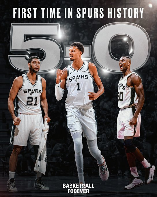 Three San Antonio Spurs basketball players in white jerseys and shorts stand on a dark background. The player on the left wears number 21 and has a beard. The central player wears number 1 and is tall with long arms. The right player wears number 50 and smiles. Large golden number 50 overlays the scene. Text at the top reads First time in Spurs history. Bottom text reads Basketball Forever.