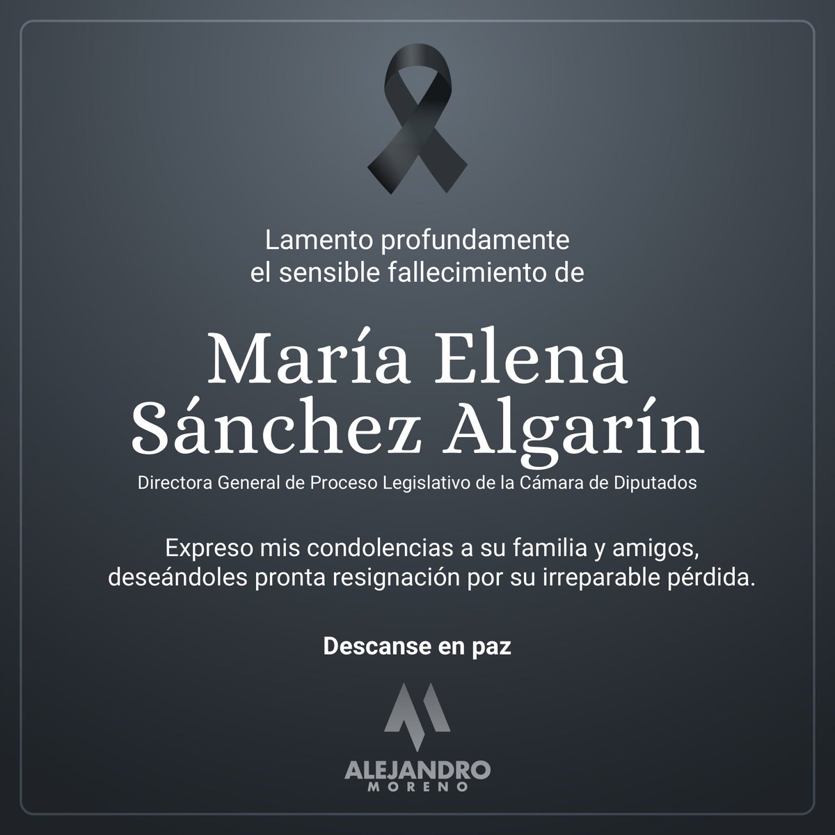 Me entero con profunda tristeza del fallecimiento de María Elena Sánchez Algarín. Quienes hemos estado en el Congreso somos deudores de sus enseñanzas. María Elena siempre estuvo a la altura de la construcción democrática de México. Mis condolencias a familiares y amigos.