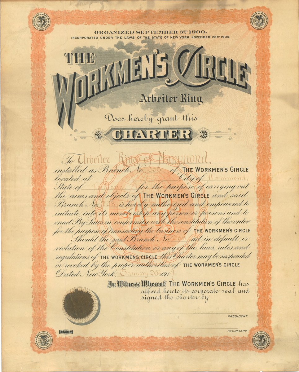 #hoosierjewishhistory
The Workmen's Circle Charter for the Hammond, Indiana Branch, circa 1914!