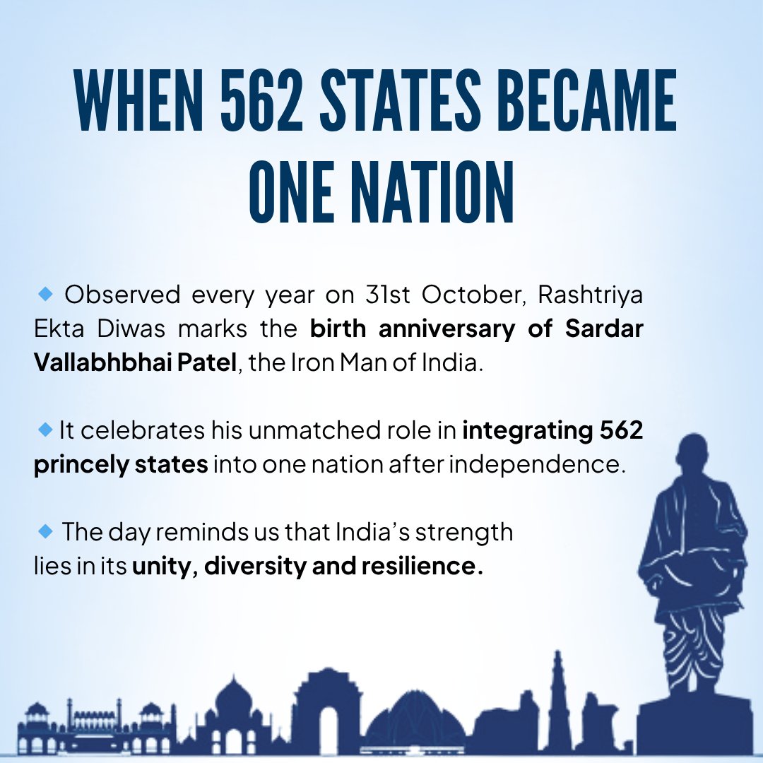 RudramDynamics's tweet image. विविधता में ही शक्ति है, और एकता में ही प्रगति है||
In diversity, there lies strength and in unity, we see progress.

On this &apos;#RashtriyaEktaDiwas,&apos; we pay tribute to the Iron Man of India, #SardarVallabhbhaiPatel, whose vision for #India continues to inspire us.
#statueofunity