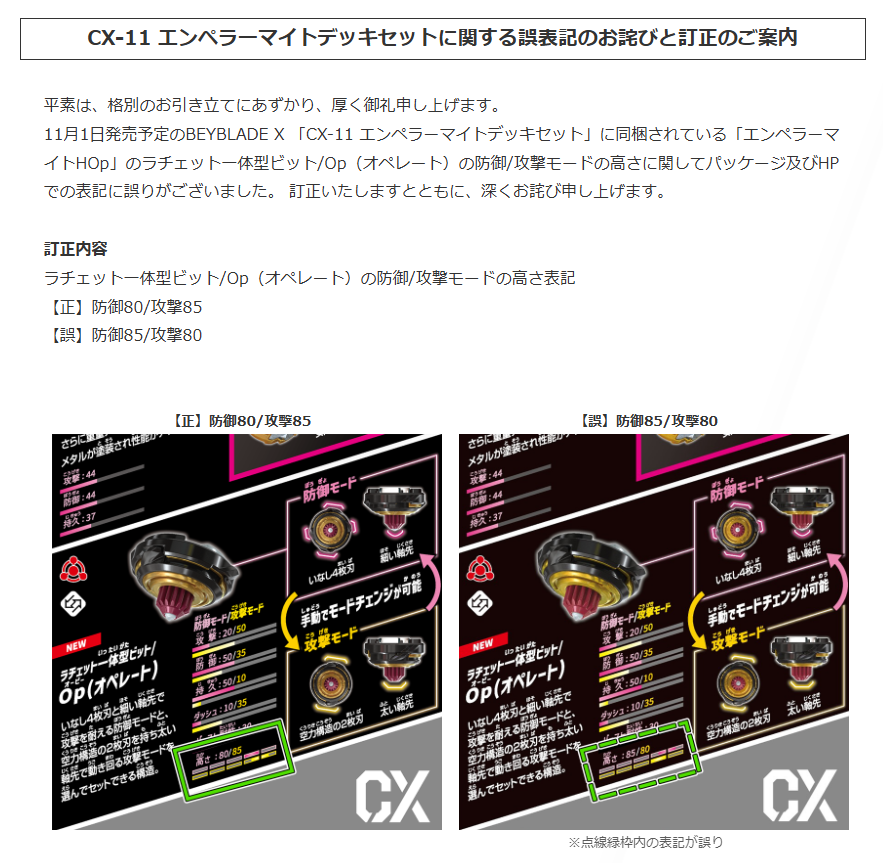CX-11 エンペラーマイトデッキセットに関する誤表記のお詫びと訂正のご