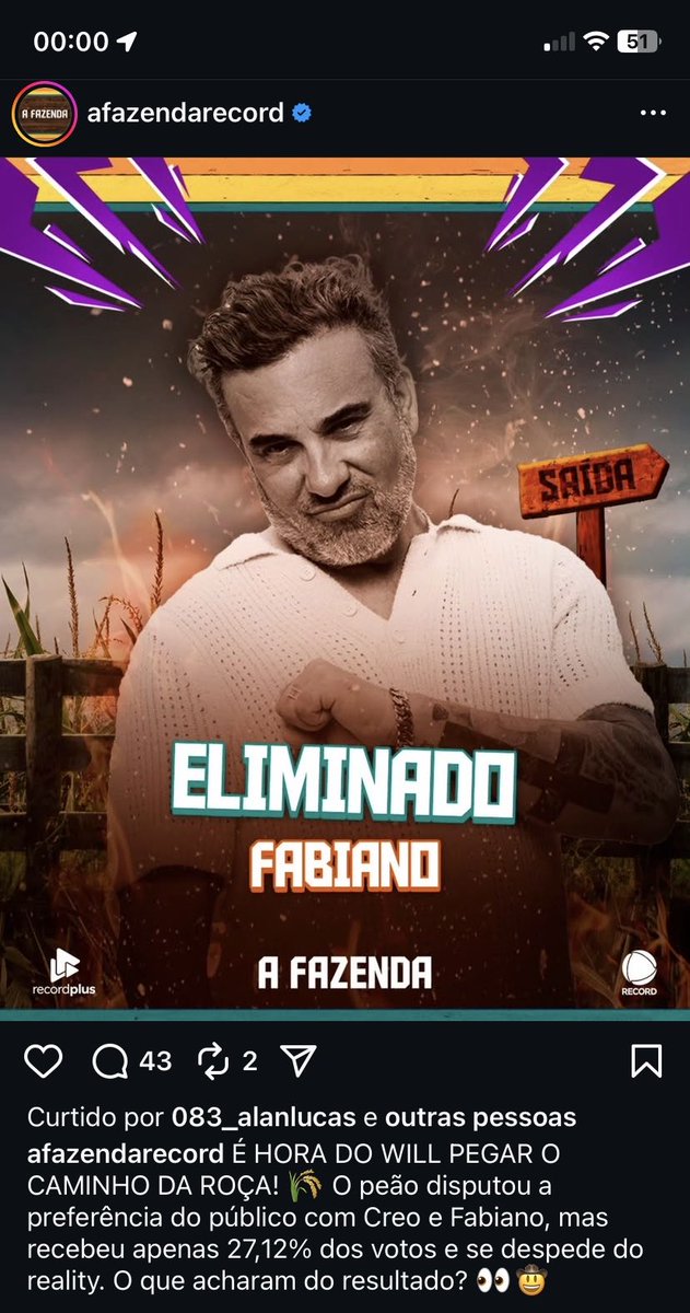 seilarsrss's tweet photo. Oxente? A Record colocou que o Fabiano foi eliminado no insta hahahahahaha alguém vai ser demitido #eliminaçãoafazenda #F17 #AFazenda17 https://t.co/q4W7jWYip3
