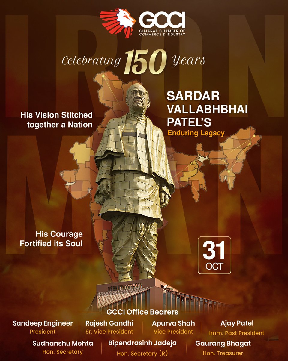 A Tribute to the Iron Man of India 🇮🇳

On the 150th birth anniversary of Respected Sardar Vallabhbhai Patel ji, GCCI proudly honours his unmatched contribution in shaping a united and strong India.

His leadership, integrity, and vision continue to inspire generations to build a