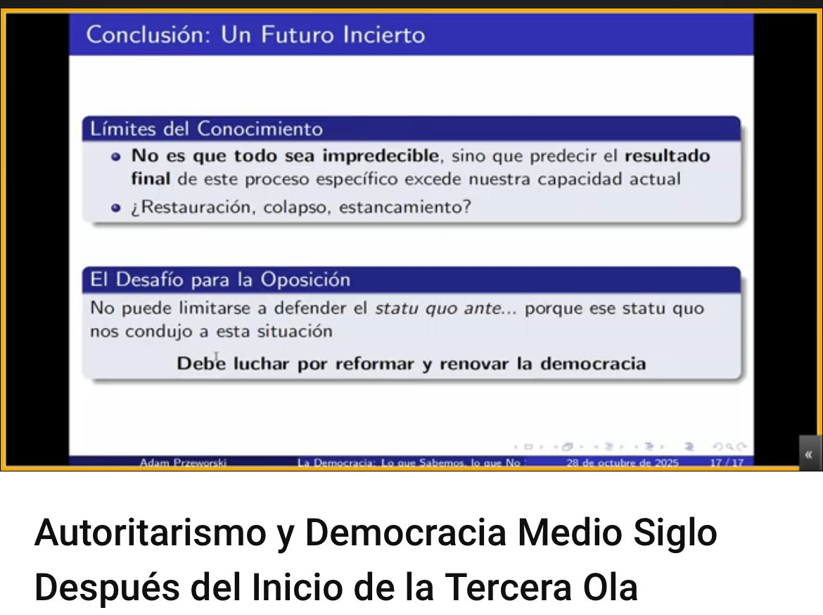 ale_tello_m's tweet image. Por eso es de mis politólogos favoritos. Przeworski hoy estuvo en el Colmex y reconoció la crisis intelectual de la época, la de la disciplina y la de él mismo para saber qué va a pasar con la democracia en el mundo. Reconoce lo limitado de nuestro conocimiento e incluso muy…