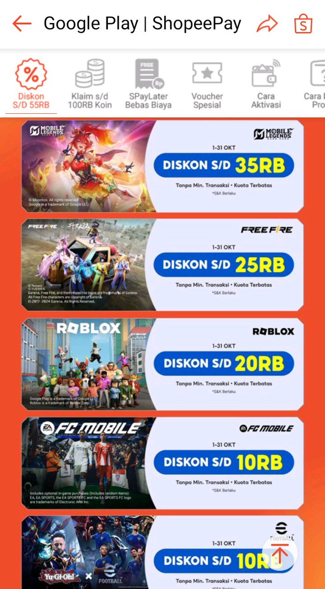 yuliapandaa's tweet image. #ROBLOX 
TOP UP ROBUX
Tersedia banyak diskon dan Voucher untuk pengguna Google play dan AppStore dengan
     ◔ Voucher spesial 
     ◔ Diskon 100% S/D 20rb
        (tanpa minimal pembelian)
Promo sampai 31 Oktober 🙌
ANDROID
s.shopee.co.id/1BDymEfRIW
 IOS
s.shopee.co.id/2VjMLzeSuj