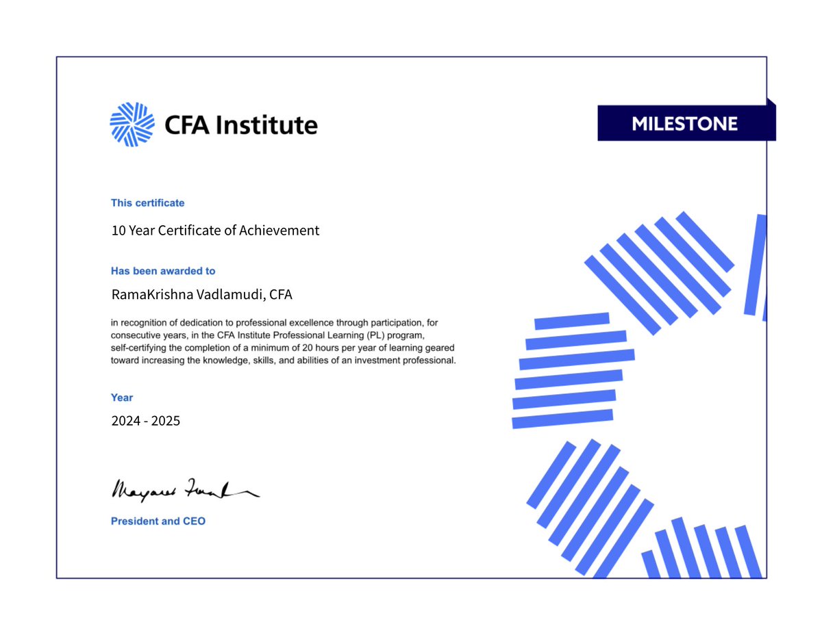 vrk100's tweet image. CFA Institute 10 Year Milestone  

10 Year Certificate of Achievement 

Professional Learning Program 2025

Investment Professional 

credentials.cfainstitute.org/c848f4f2-7a61-… 

#cfainstitute #cfaprogram #FinancialServices 

RamaKrishna Vadlamudi, CFA