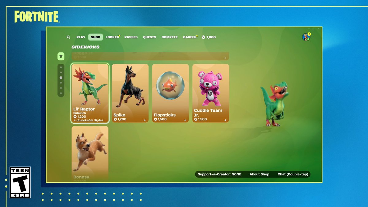 FireMonkey's tweet image. Sidekicks Price:
Your Appearances customization choices are permanent after locking in.
You can purchase the same Sidekick multiple times to give them different Appearances.

- Doggo Jr. (1,500 V-Bucks)
- Lil' Raptor (1,200 V-Bucks)
- Spike (1,200 V-Bucks)
- Flopsticks (1,500…