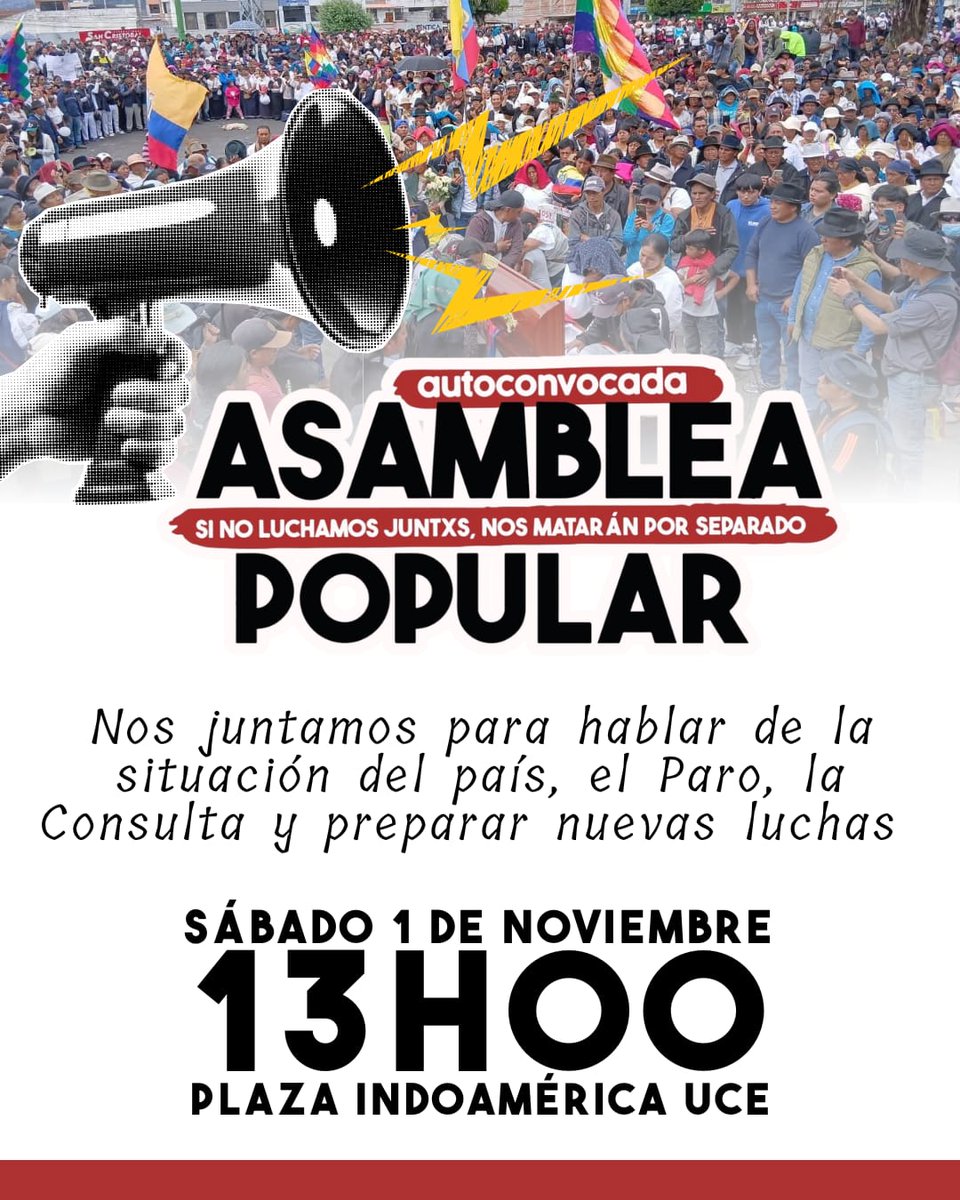 AmautaEc25's tweet photo. 📢 ¡ASAMBLEA POPULAR AUTOCONVOCADA! ✊🏽

Nos juntamos para pensar, organizarnos y preparar nuevas luchas.

🗓️ Sábado 1 de noviembre
🕐 13h00
📍 Plaza Indoamérica – UCE

🔥 Porque si no luchamos juntxs, nos matan por separado. 🚩 https://t.co/ybBVX4Jo91