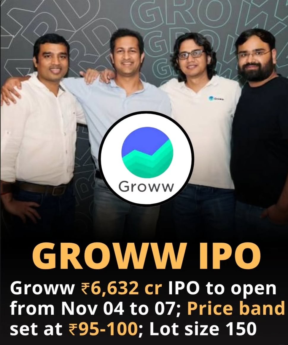 🚀 Groww IPO Alert: The Fintech Revolution Goes Public! 💼

One of India’s fastest-growing investment platforms — Groww — is set to hit Dalal Street with a ₹6,632 crore IPO opening from Nov 4 to Nov 7.

💰 Key Details:

📊 Issue Size: ₹6,632 crore

💵 Price Band: ₹95–₹100

📦