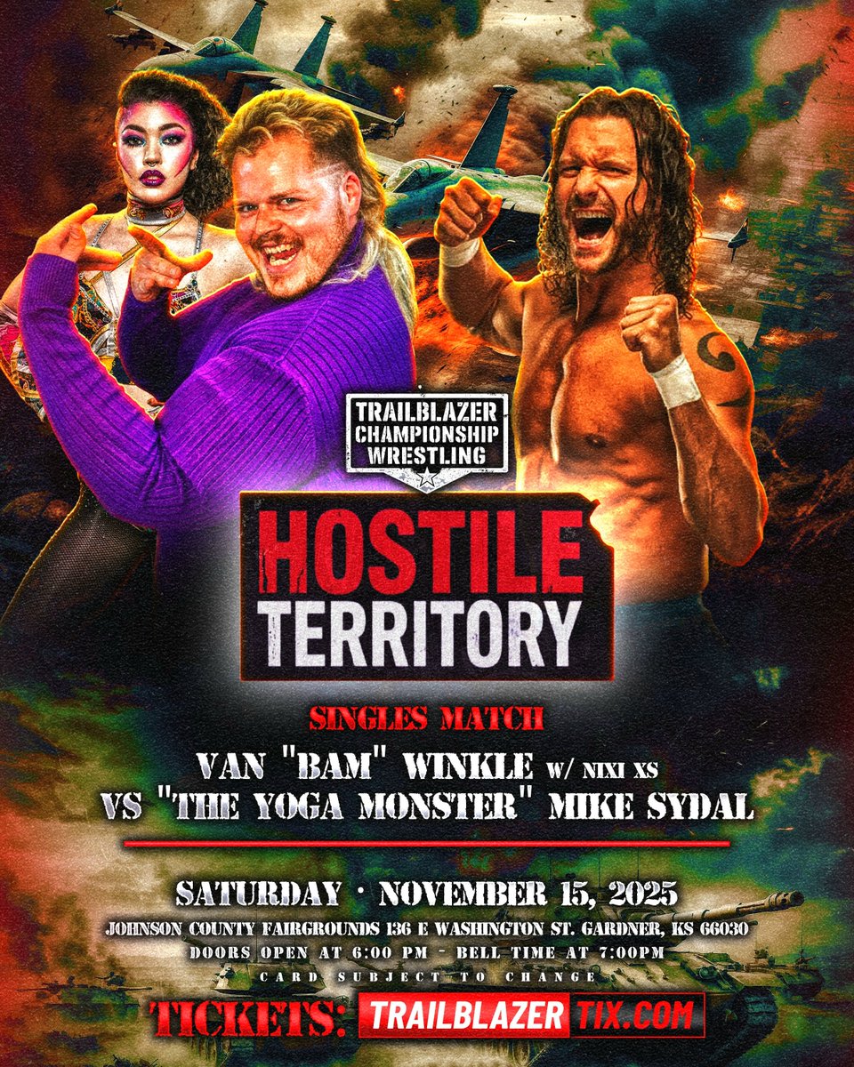 💥MATCH ANNOUNCEMENT💥

On Saturday, November 15th Van "BAM" Winkle returns alongside his "Artist Agent" the unpredictable Nixi XS facing off against "YOGAMONSTER" Mike sydal at HOSTILE TERRITORY!

Tickets Now Available⬇️
🎟 TrailblazerTix.com 🎟