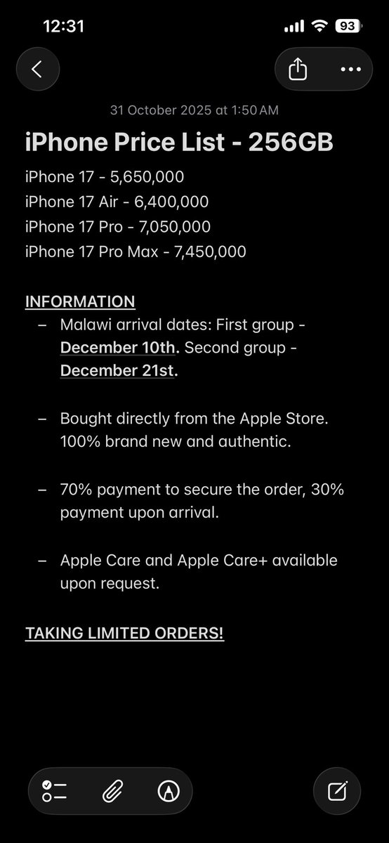 Good morning. 

Taking orders for the following iPhones below, to be available in Malawi in December on the 10th and 21st.

Please RT!!