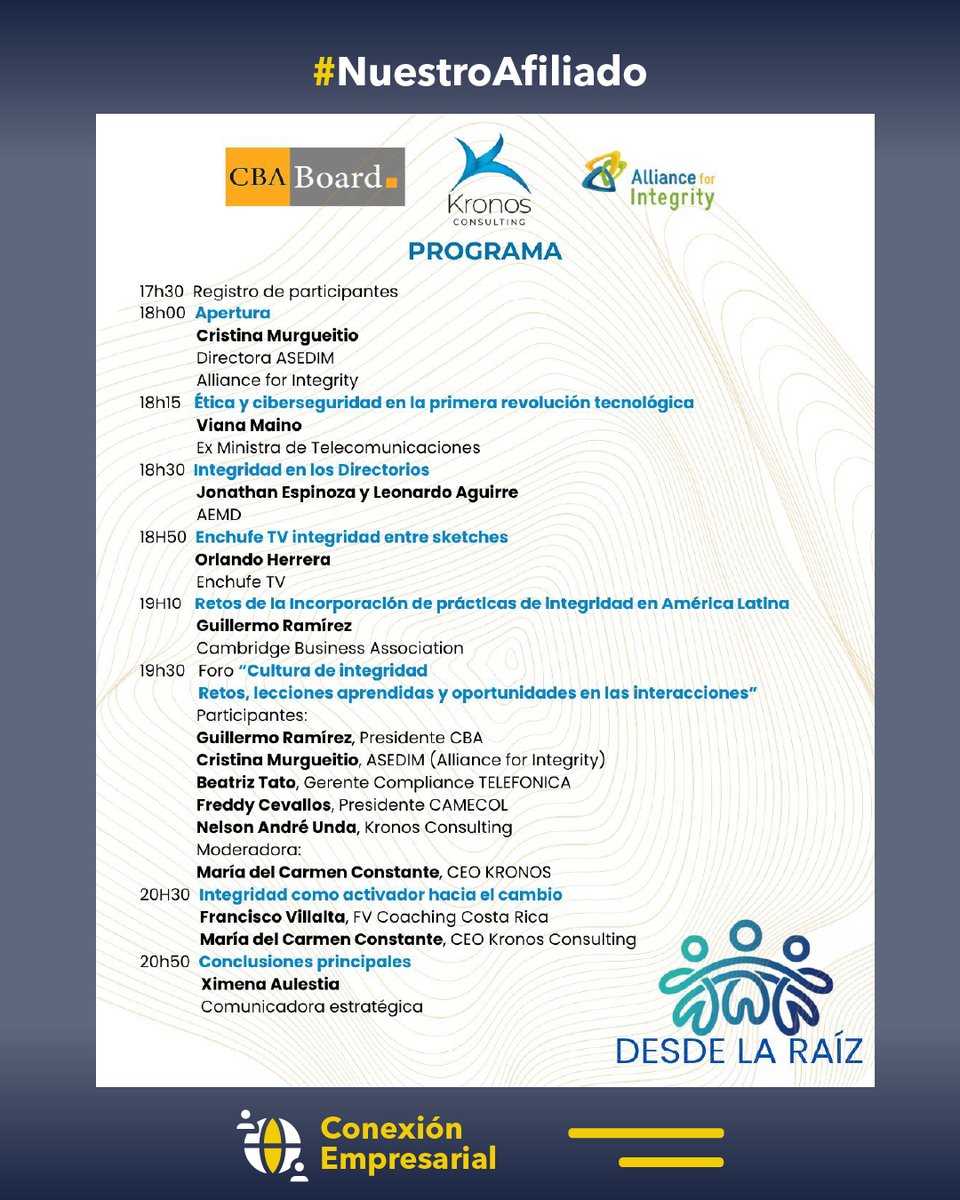 🌐 Conexión Empresarial | Cultura de integridad, del decir al hacer
Nos complace compartir que nuestro afiliado Kronos Consulting organiza la segunda edición del evento “Desde la Raíz”.
Inscríbete en el link : bit.ly/4omyXxg