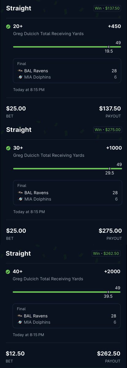 🔥🔥MAX CASH GREG DULCICH🔥🔥

Dulcich 20 yards (+450)✅
Dulcich 30 yards (+1000)✅✅
Dulcich 40 yards (+2000)✅✅💎

$62.50➡️$675💰

COME TAP IN AND LETS MAKE SOME MONEY!!!!