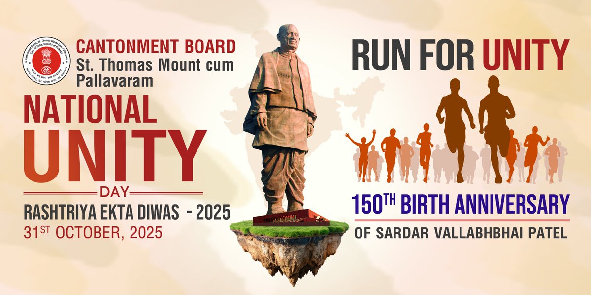 Cantonment Board St. Thomas Mount organized a Run for Unity at North Parade Road to mark Rashtriya Ekta Diwas &amp; commemorate Sardar Vallabhbhai Patel’s 150th birth anniversary!
CEO Dr. Vinod Vikneswaran A &amp; staff from all departments joined with great spirit! 
#Unity #RunForUnity
