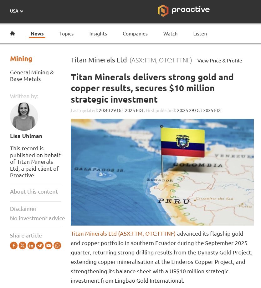 Titan Minerals Ltd (ASX:TTM, OTC:TTTNF) advanced its flagship gold and copper portfolio in southern Ecuador during the September 2025 quarter, returning strong drilling results from the Dynasty Gold Project.

Read more: buff.ly/wdwVzwb

$TTM.ax #gold #copper #silver