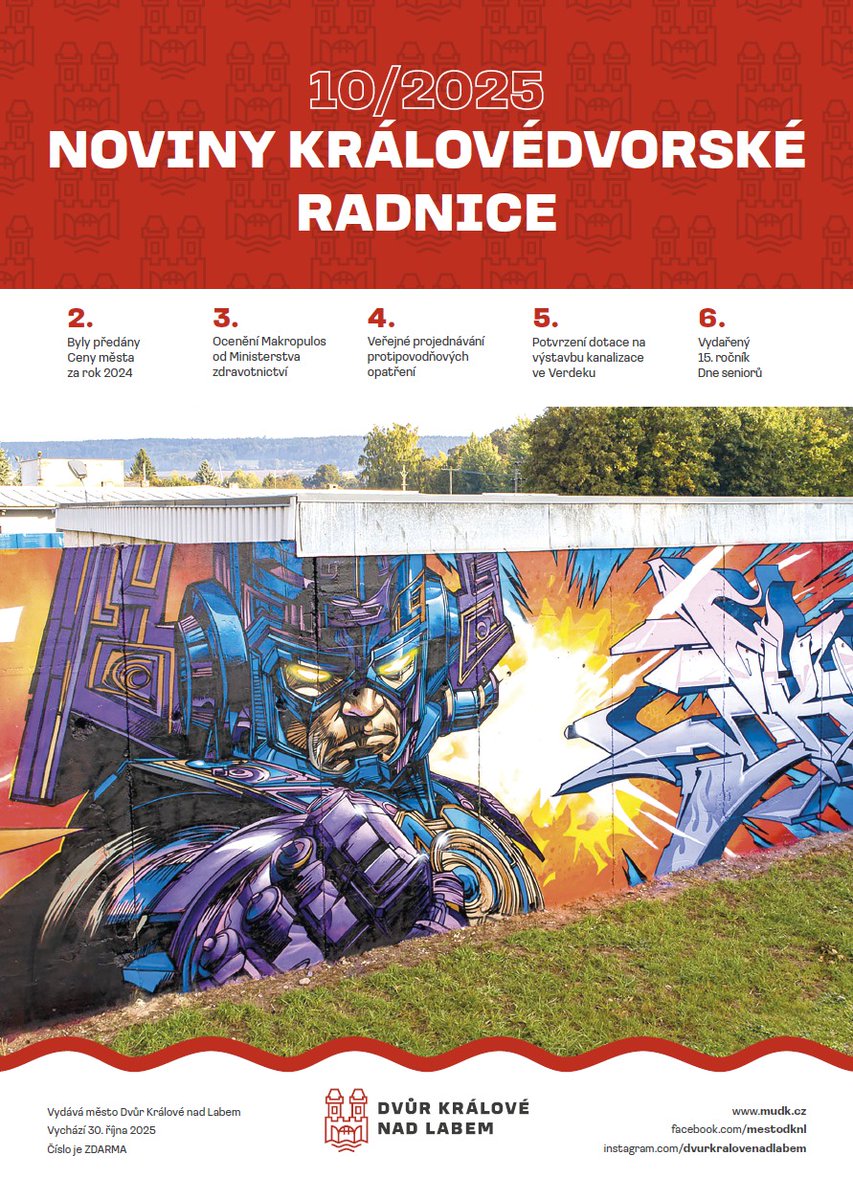 🗞️Vyšly Noviny královédvorské radnice č. 10/2025 (NKR) s programovou přílohou KdeCo na listopad. Od 4. listopadu 2025 budou NKR k dispozici v městském IC ve Švehlově ulici a také na recepci MěÚ na nám. T. G. Masaryka. 
👉NKR lze číst také on-line 🌐➡️ mudk.cz/cs/radnice/nov…