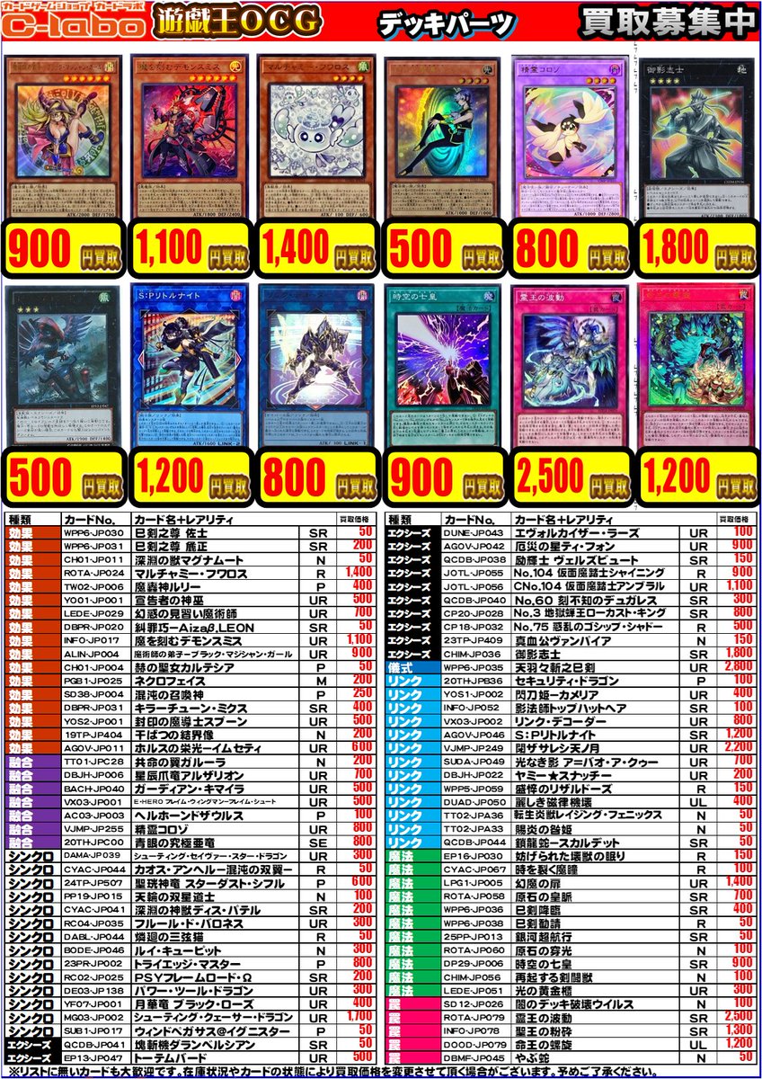 【遊戯王 買取情報】

こちらデッキパーツの買取表になります✨

魔を刻むデモンスミス ¥1100
リンクデコーダー ¥800
封印の魔導士スプーン ¥500

表以外のカードも大歓迎です🔥

ぜひカードラボ所沢店までお持ち込みください💪

#遊戯王OCG #遊戯王