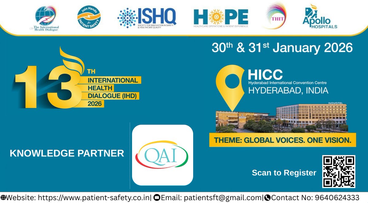 QAI2017's tweet image. Proud moment! 🌍
QAI joins hands with @HospitalsApollo as Knowledge Partner for the 13th International Health Dialogue (IHD 2026).
📅 30–31 Jan 2026 | 📍 HICC, Hyderabad
🎯 Theme: Global Voices. One Vision.

🔗 internationalhealthdialogue.com/ihd/
#IHD2026 #QAI #KnowledgePartner